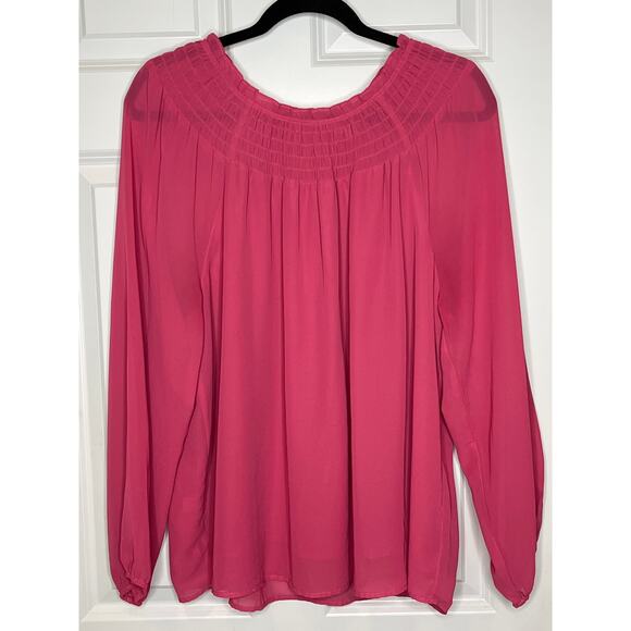 Loft Outlet Pink Long Sleeve with Smocked Neckline Blouse Large Lined - Picture 1 of 7